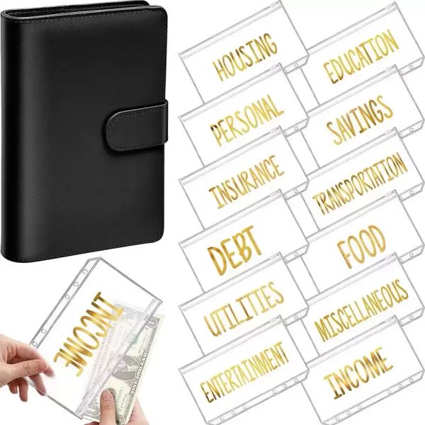 Party Favor A6 PU-Leder-Ordner, Budget-Geldumschlag-Organizer, persönliche Geldbörse, 12 Ordnertaschen, Reißverschluss-Ordner für Planer, Geld sparen