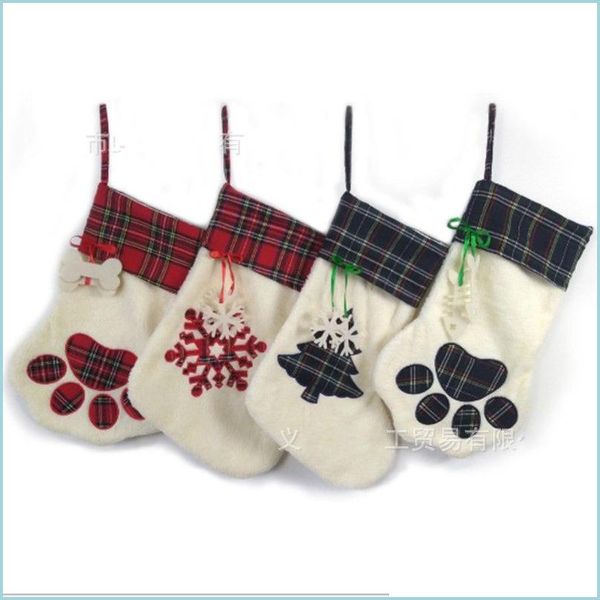 Decorazioni natalizie Grandi decorazioni natalizie di alta qualità Calza Pet Dog Plaid Paw Santa Socks Candy Sock Bags Festival Gift Dhnur