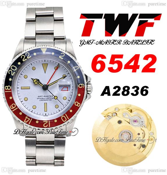 TWF 6542 Vintage GMT A2836 Orologio da uomo automatico 38mm Coke Lunetta Quadrante bianco Stick Calendario rosso Bracciale in acciaio inossidabile Oystersteel Super Edition Puretime D4