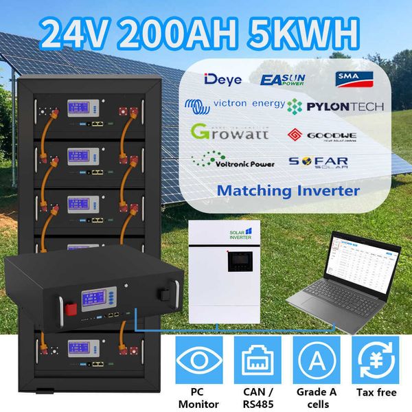 24 V 100 Ah 200 Ah 5 kW 2,5 kW LiFePO4-Akku, CAN RS485, integrierter BMS-PC-Monitor, 6000 Zyklen, 5 Jahre Garantie für 24 V-Wechselrichter