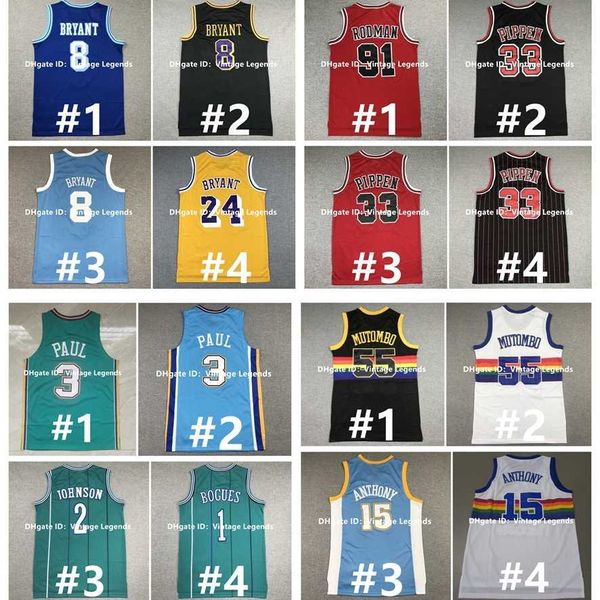 College Basketball indossa la maglia da basket retrò Mamba Bryant Dikembe Mutombo Chamberlain Larry Johnson Jerry West Dennis Rodman Scottie 33