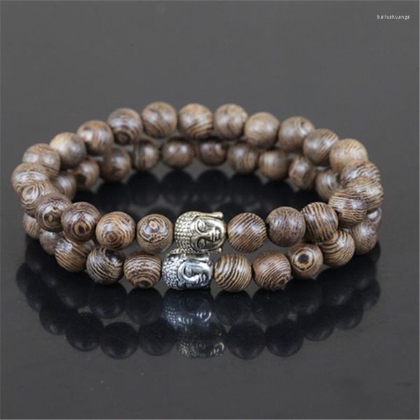 Strang 2 Stück natürliche 8 mm runde Holzsteinperlen Charm Damen Armband Gold/Silber Farbe Buddha Kopf Edelstein Herren