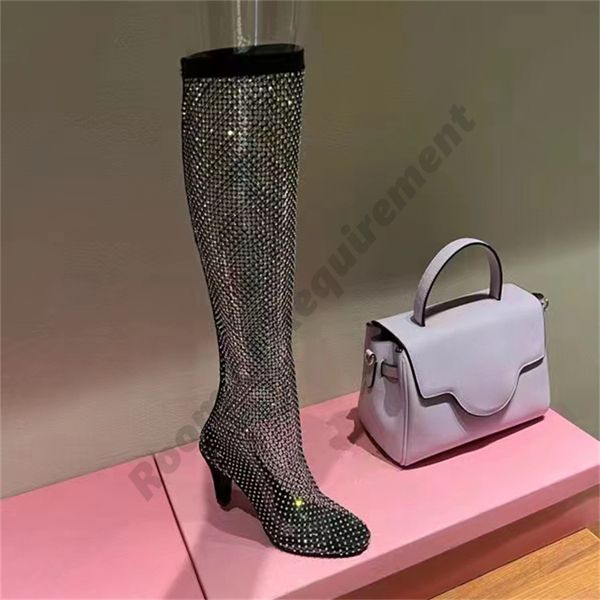 Meias arrastão botas de strass salto de lantejoulas brilho botas de salto alto botas de salto alto feminino diamante brilhante designer de dedos pontiagudos sapatos da moda estilete