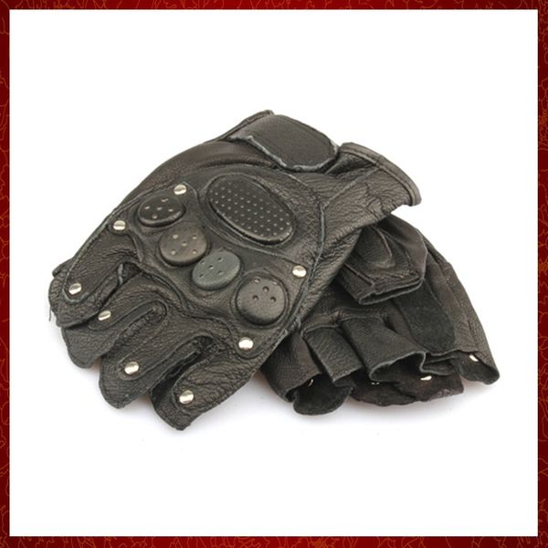 ST776 Guanti Guanti Mezze Dita Rivetti Guanto in Pelle Nero per Guida Moto