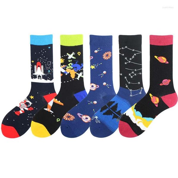 Meias masculinas Men Cotton Stars Creative Funny Universe Starry Sky Rockets Trend Harajuku Novidade