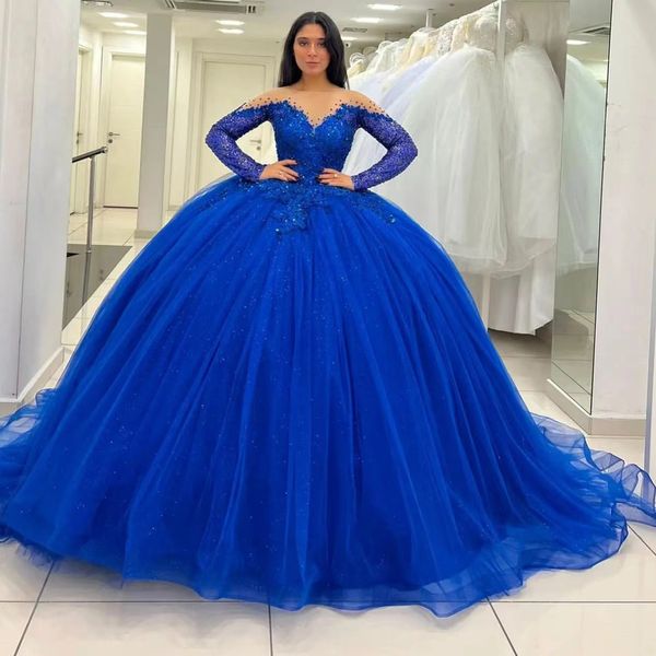 Королевское голубое платье Quinceanera платье с блестками шарики с длинными рукавами принцесса бальные платья 15 день рождения выпускной платье vestidos de fiesta