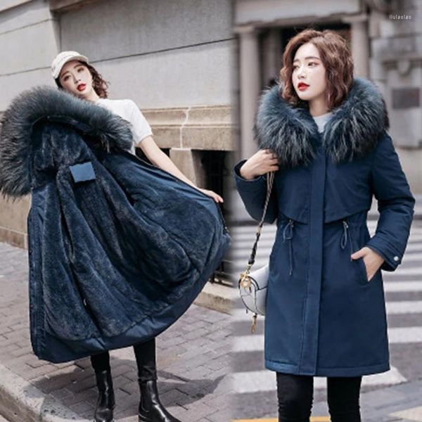 Trench da donna 2022 Giacca invernale da donna spessa Fodera in lana Parka caldo giacche medio-lunghe Parka con cappuccio in pelliccia all'interno cappotto in cotone femminile