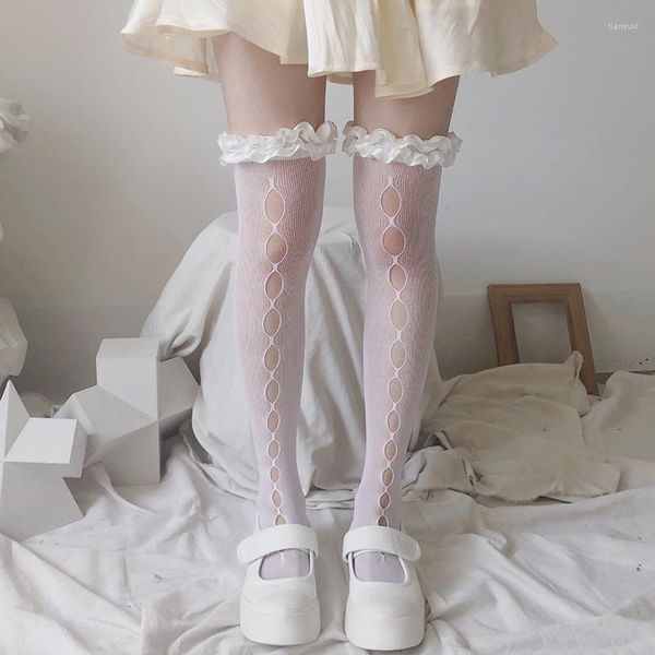 Frauen Socken Lolita Weiß Spitze Strumpf Mesh Hohe Knie Rüschen Mädchen JK Transparent Dünne Lange Strümpfe Bein Kleid Calcetine medias