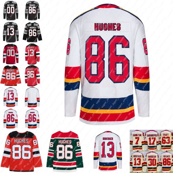 13 Nico Hischier Jersey Jack Hughes (A) Dougie Hamilton Martin Brodeur Yegor Sharangovich Jesper Bratt Hokey Forması Beyaz Yeşil Kırmızı Siyah Dikişli