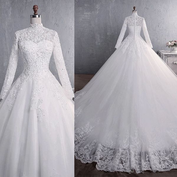 Abito da sposa musulmano 2022 elegante collo alto abiti da sposa principessa abito da sposa in pizzo ricamato di lusso con perline di cristallo Vestido De Noiva