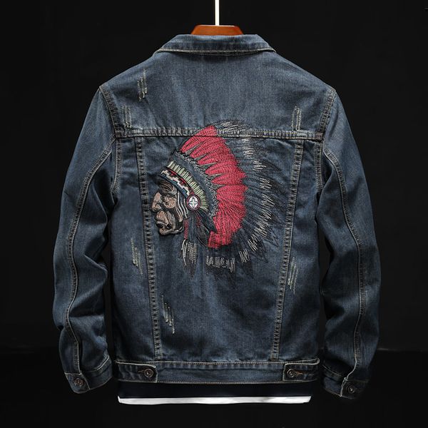 Giacche da uomo Prowow Fashion Streetwear Jacket Retro Blue Indian Chief Ricamo Denim Taglia M-6XL Cappotti Hip Hop Punk 221124