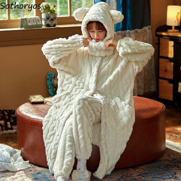 Pijama de roupas de sono feminino define flanela kawaii de flanela quente-orelha-orelha chap￩u solto conforto inverno grosso estudantes doces pijamas de manga longa 221124