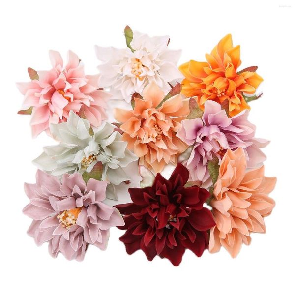 Flores decorativas 10pcs seda artificial 7cm Dahlia Flower Heads Home Decoração de casamento Parede de parede pendurada no jardim DIY Acessórios de grinaldas jóias