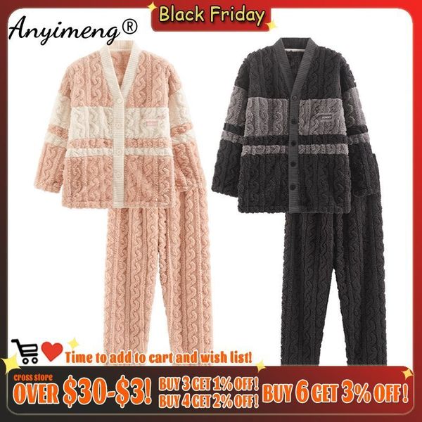 Herren Nachtw￤sche Winterdicke Pyjamas Set f￼r Paar koreanischer Teddy Jacquard V-Ausschnitt Mann und Frauen Kimono Velvet PJS Liebhaber 221124
