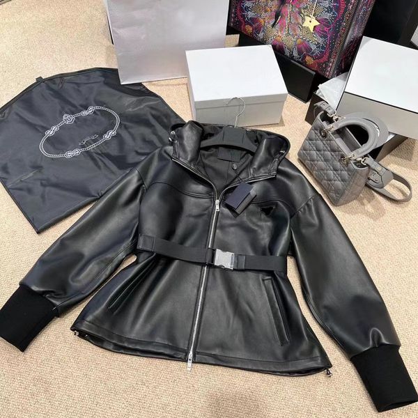 Womens Designer Hooded Jackets Triangolo Moda manica lunga Giacca in vera pelle E131