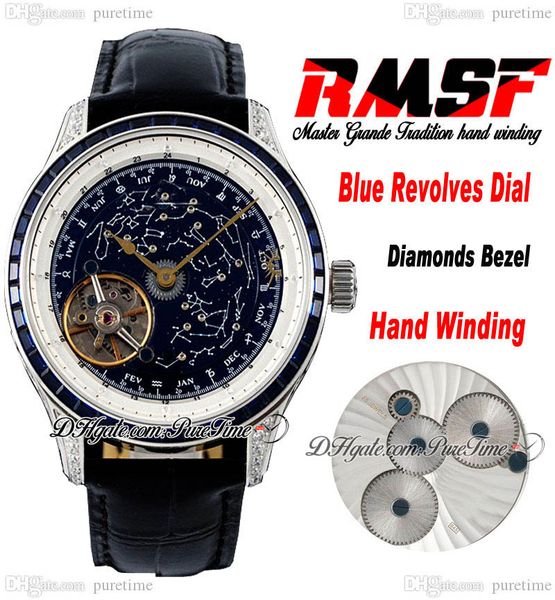 Master Grande Tradição Mecânica Mãe Handing Masculino Relógio RMSF 43 Baguette Diamonds Case azul gira o mostrador de couro preto Strap Super Edition Relógios PureTime A1