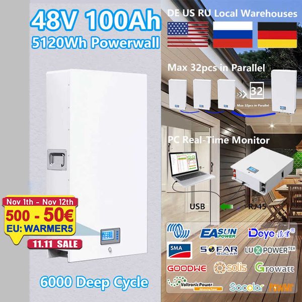 48V Powerwall 100AH ​​200AH LIFEPO4 Pil 6000 Döngü Rs485 16S BMS 51.2V 5kW 10kW PV Güneş KAPALI/ON GRID 10 yıllık garanti