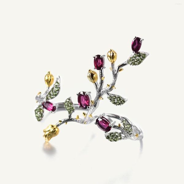 Cluster Rings Gem's Ballet 925 Серебряное серебро регулируемое кольцо натуральное родолит гранат ветвь цветочный дерево двойной палец для женщин