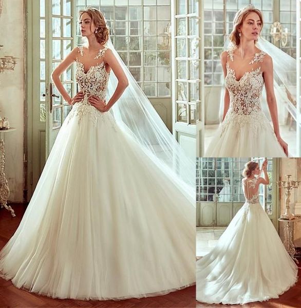 Glamouröse Brautkleider aus Tüll und Satin mit Bateau-Ausschnitt, durchsichtige A-Linien-Brautkleider mit perlenbesetzten Spitzenapplikationen