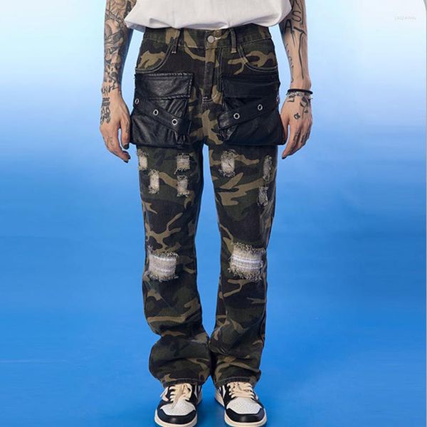 Pantaloni da uomo Hip Hop Camouflage Casual Uomo Pantaloni da tasca patchwork in pelle PU Vintage Baggy Cargo Streetwear Uomo Primavera Autunno