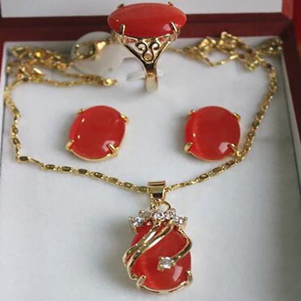 12x18mm perline rosse gatto giada giada collana a sospensione set di gioielli ad anello