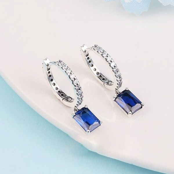 Orecchini a cerchio scintillanti rettangolari blu in argento sterling 925 per orecchini alla moda in stile Pandora europeo