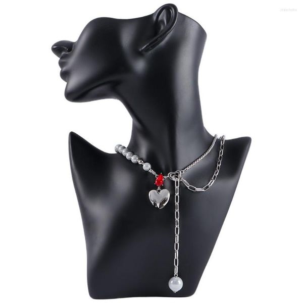 Catene Squisita collana con pendente in pietra preziosa rossa Dolce cuore d'amore Elegante girocollo con catena di perle e clavicola