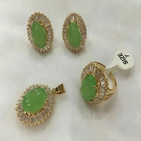 Mode Jewerly Sets 10x14mm Grüne Jade Halskette Ohrringe Ring 7-9# Anhänger