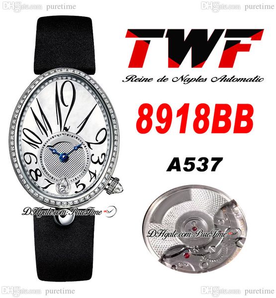 Reine de Naples 8918BB A537 Orologio automatico da donna TWF Diamanti Lunetta MOP Quadrante argento strutturato Numero Tessuto nero Pelle Super Edition Orologi da donna Puretime A1