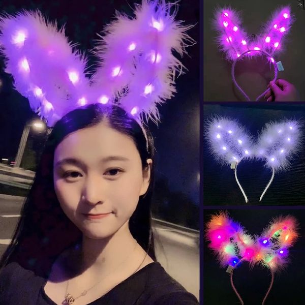 Led Tüy Çelenk Kraliyet Kaçağı Kafa Bandı Aydınlık Headdress 15cm Tavşan Kulaklar Kafa Halatları Kadınlar İçin Düğün Noel Parıltı Parti Dekorasyonları