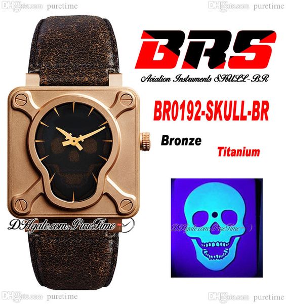 BRSF Aviation Instruments BR0192-SKULL-BR Orologio da uomo automatico 46mm Real Broze Luminous Skull Dial Titanium Cinturino in pelle nera vintage Super Edition Pureitme B2