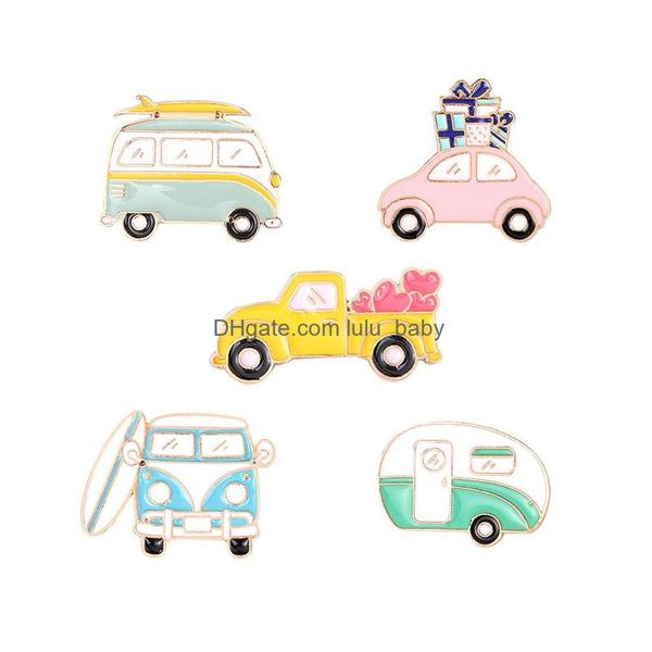 Spille Spille Creative Cartoon Bus Spille Set 5Pcs Distintivi di vernice smaltata placcata oro per ragazze Spilla in lega per auto Camicia di jeans Fash Dh06R