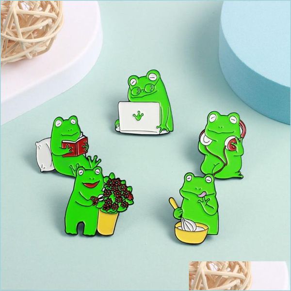 Pins Broschen Kleidung Accessoires Emaille Brosche Anstecknadel Frosch wachsen Blumen Bücher lesen Schöne Frösche Alltag Cartoon Abzeichen Funn Dhgarden Dhno6