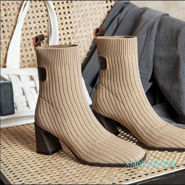 Botas de tornozelo feminino Sapatos Sapatos moda moda vers￡til coreano el￡stico botas de l￣ de cabe￧a plana marrom preto