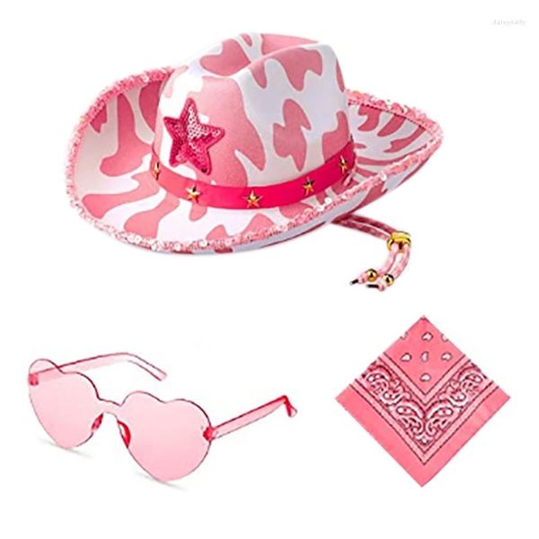 Berets Pink Cow Print Cowboy Hat Bandanas Glasses Set Bachelorette Part