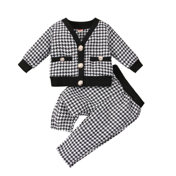 Conjuntos de roupas Tops elegantes de menina de manga longa Padrão Houndstooth V Pescoço Elastic da cintura abotoada Crianças 221125