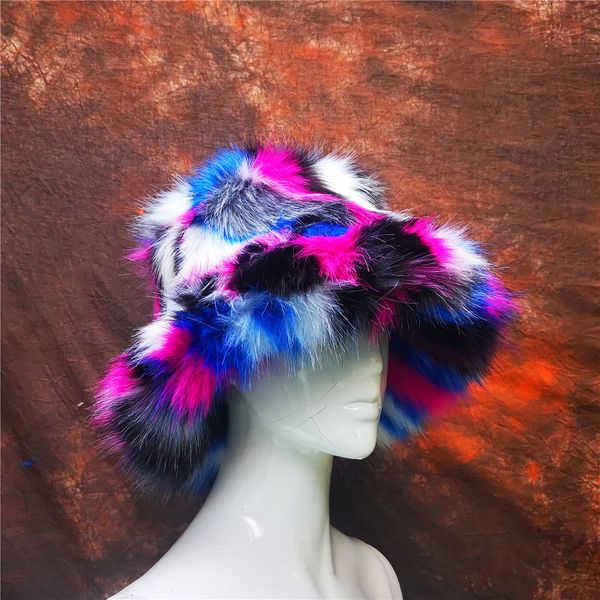 Ampla borda chapéus balde moda mulheres manter quente arco-íris faux pele bacia fêmea casual festa festival de música engrossado primavera outono 221128