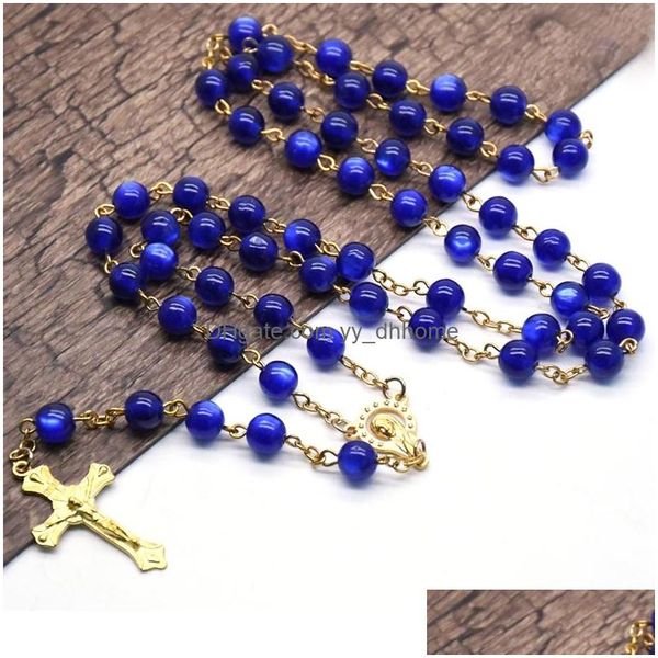 Religiöse blaue Harzperlen-Rosenkranz-Anhänger-Halsketten Goldfarbe Jesus-Kreuz-Charme-Gebet Christlicher Schmuck Geschenke für Männer Frauen Drop-Lieferung Bijoux Großhandel