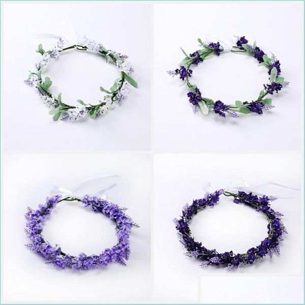 Ghirlande di fiori decorativi Corona di fiori di lavanda romantica Ghirlande di cerchi per capelli di colore viola Fiori artificiali per donna Forniture festive Dhmfs