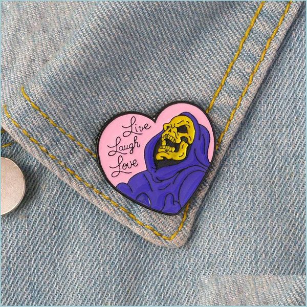 Spille Spille Live Laugh Love Spille smaltate Pin a forma di cuore Scheletro Distintivo Risvolto per jeans jeans Camicia Borsa Gioielli gotici Dhgarden Dh7Kl