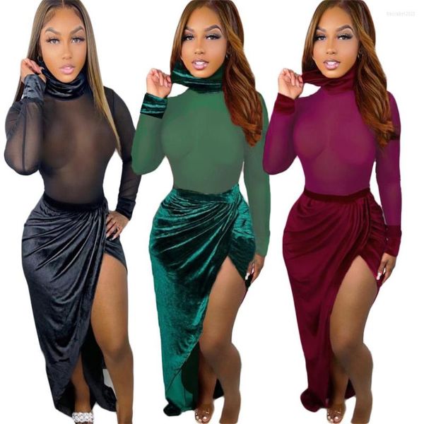 Vestidos casuais para mulheres festas moda gola alta de gola alta de manga longa malha de retalhos veja através de boate de veludo sexy maxi vestido por atacado