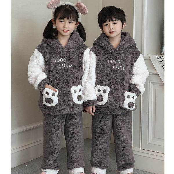 Пижама с капюшоном для девочек мальчики для мальчиков зимние теплые дети пижамы сгущают малыш медведь пижама, детская домороть 221125