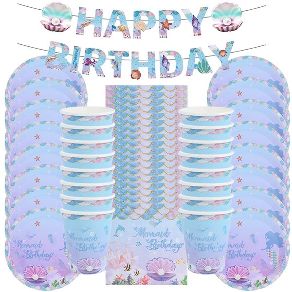 Stoviglie usa e getta 53 pezzi Set di stoviglie per feste di compleanno a forma di sirena Tovaglioli Piatti Tazze Sotto il mare Baby Shower Forniture per ragazze 221128