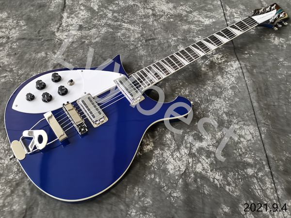 Guitarra elétrica personalizada mão esquerda Fingerboard cor azul veja o tubarão embutido cromo peças r cauda