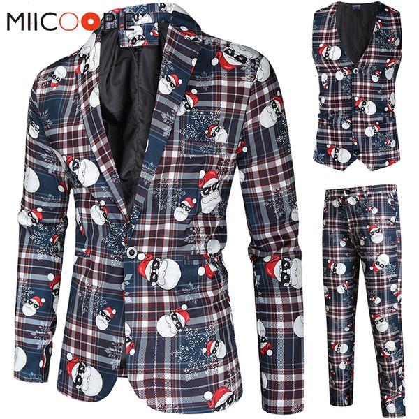 Ternos masculinos Blazers Papai Noel Impressão de Natal 3 Peças Blazer colete calças Moda um traje de terno fino e fino