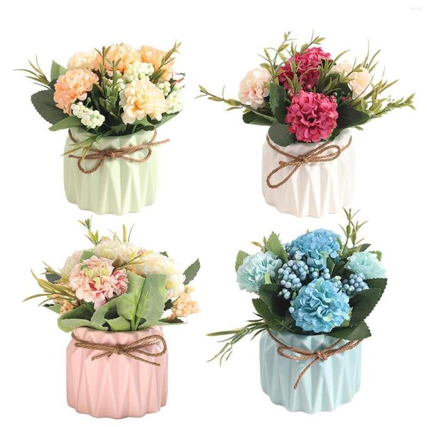 Flores decorativas Simulação de flores artificial Hydrangea com vaso de panela em vaso de planta para casa/jardim/casamento/decoração de festa