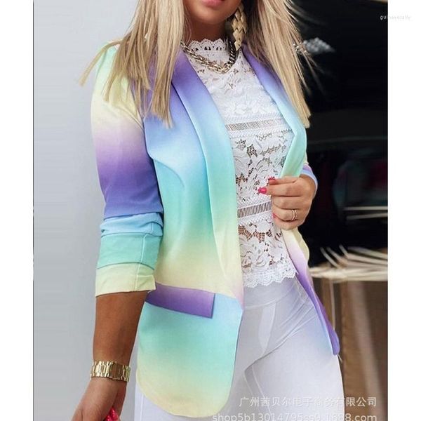 Ternos femininos femininos Blazers jaqueta primavera gradiente de outono impressão slim cardigan blazer masculino de manga longa para baixo