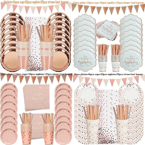 Einweggeschirr Geburtstagsdekorationen Roségold Geschirr Set Papierstrohhalme Tassen Teller Banner Hochzeit Party Dekor Kinder Erwachsene 221128