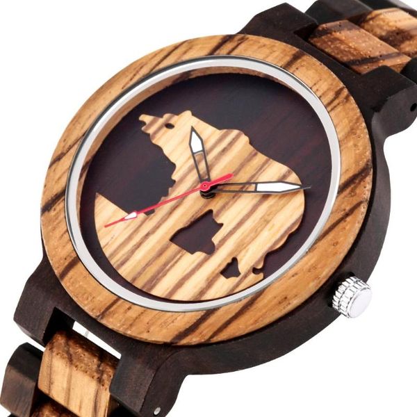 Orologi da polso Art Bear Silhouette Pattern Quadrante Orologio da uomo al quarzo Cinturino in legno pieno Chiusura pieghevole Orologi maschili alla moda naturale