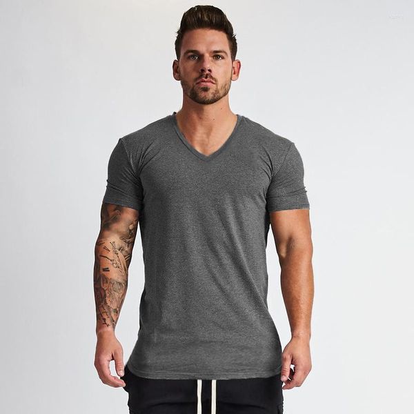 Herren T-Shirts Sommer Mode V-Ausschnitt Kurzarm Shirt Herren Fitness Slim Fit T-Shirt Gym Kleidung Bodybuilding T-Shirt Baumwolle T-Shirts Tops